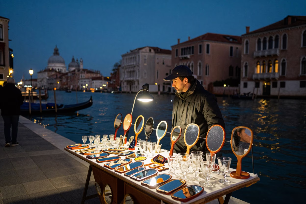 Venetian Street Vendor Displaying Hand Mirrors and Glassware at Twilight in in Venice, Italy