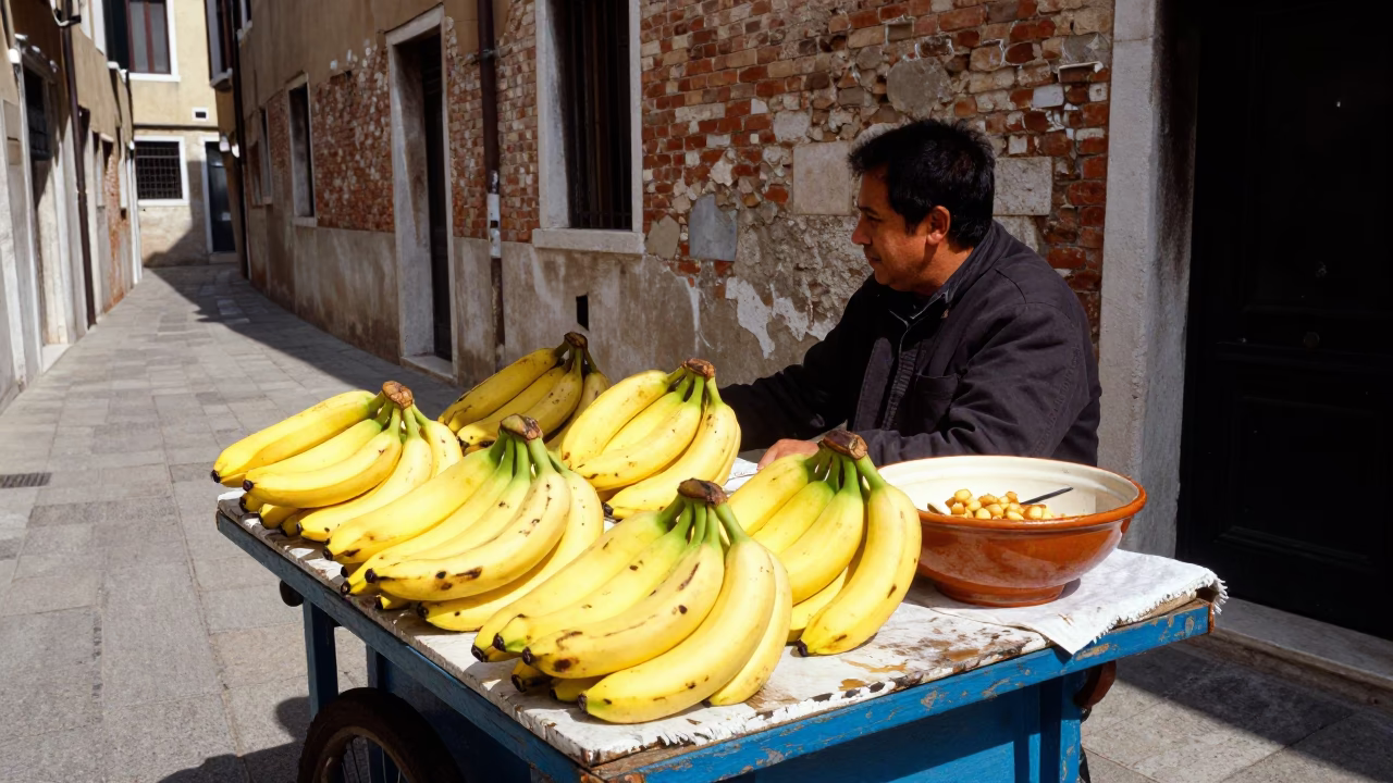 Venetian Street Vendor Midday Scene with Fresh Bananas and Ceramic Bowl in Italy in in Venice, Italy