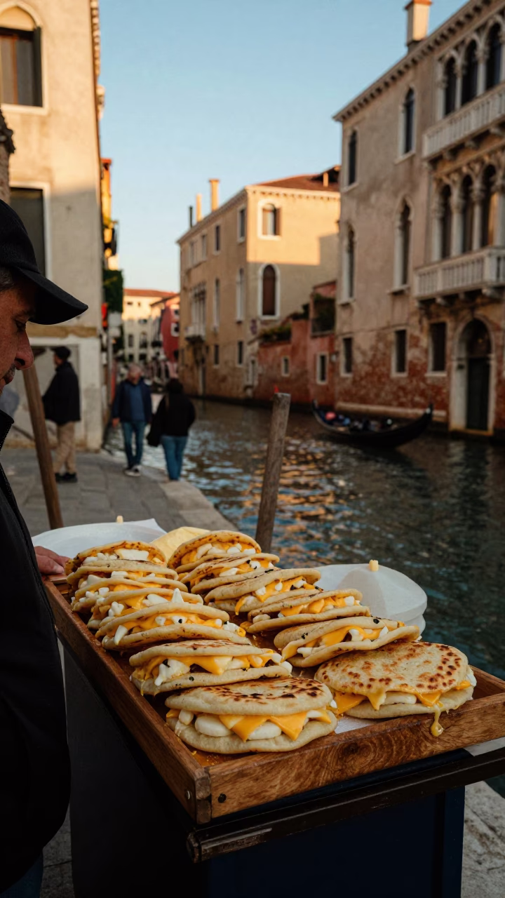 Venetian street vendor selling arepas with cheese in honeyed evening light near historic canal in in Venice, Italy