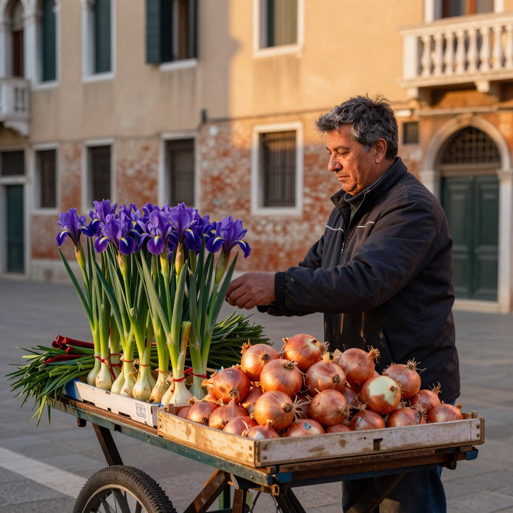 Venetian Street Vendor Selling Fresh Iris and Onions at Golden Hour in Italy in in Venice, Italy