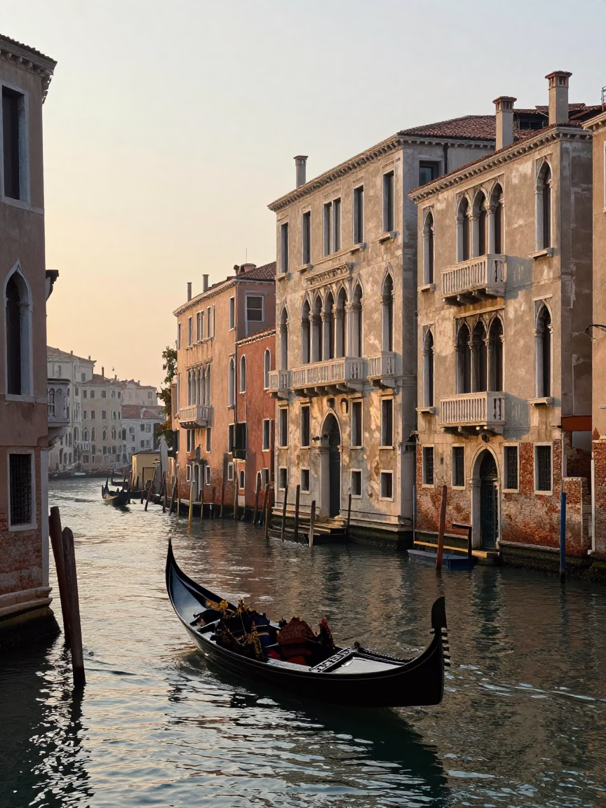 Venetian Sunrise Canal Scene with Gondola and Water Reflections in in Venice, Italy