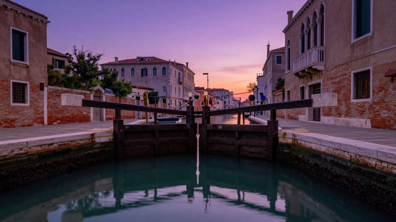 Venetian Sunset Canal Scene with Lock Gate and Green Water in Italy in in Venice, Italy