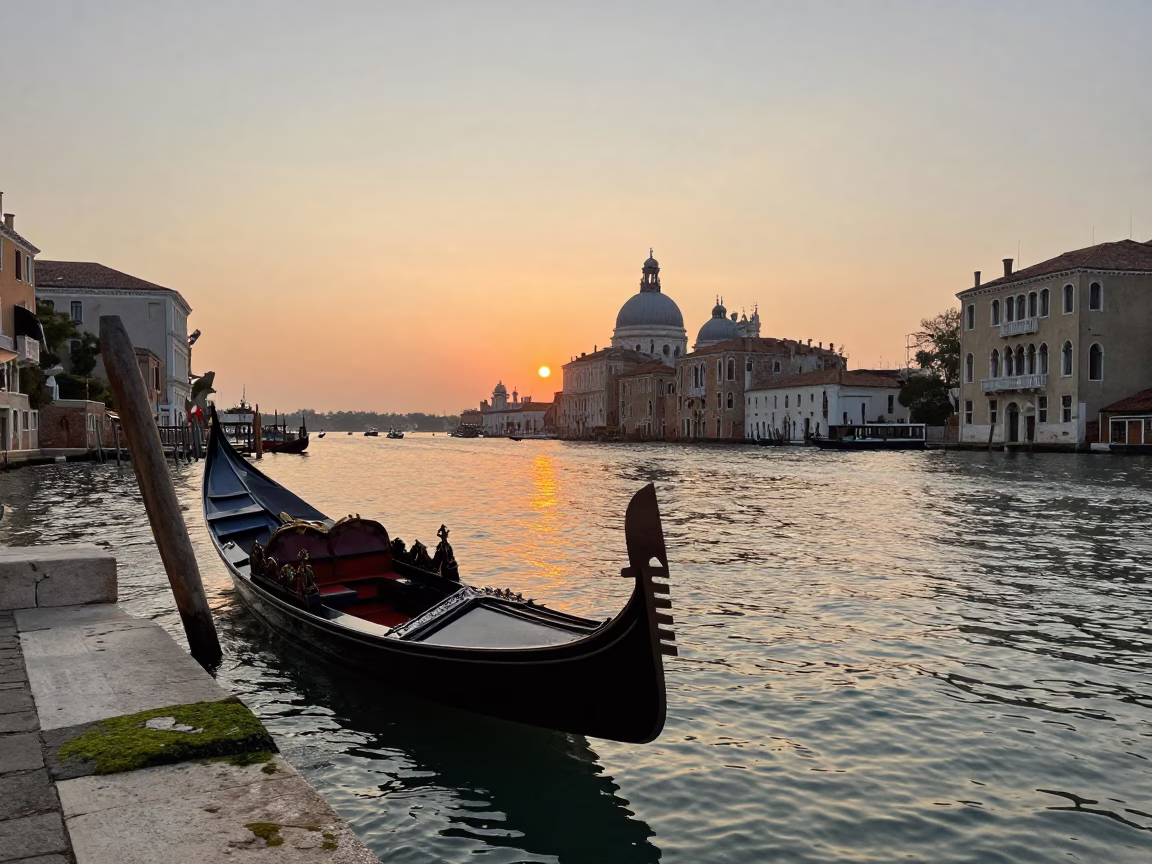 Venetian Sunset Canal Scene with Wooden Gondola and Historic Architecture in in Venice, Italy