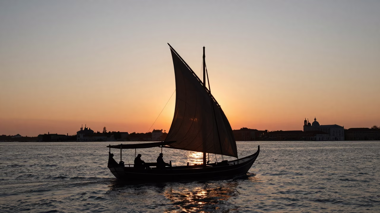 Venetian Sunset Silhouette of Traditional Dhow with Lateen Sail Against Lagoon Horizon in in Venice, Italy