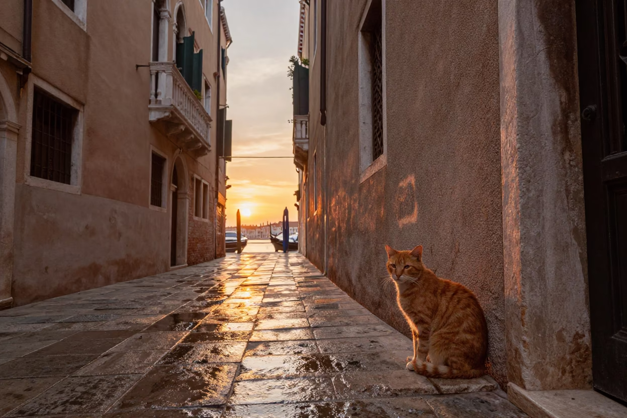 Venetian Sunset Street Scene with Orange Cat and Local Life in in Venice, Italy