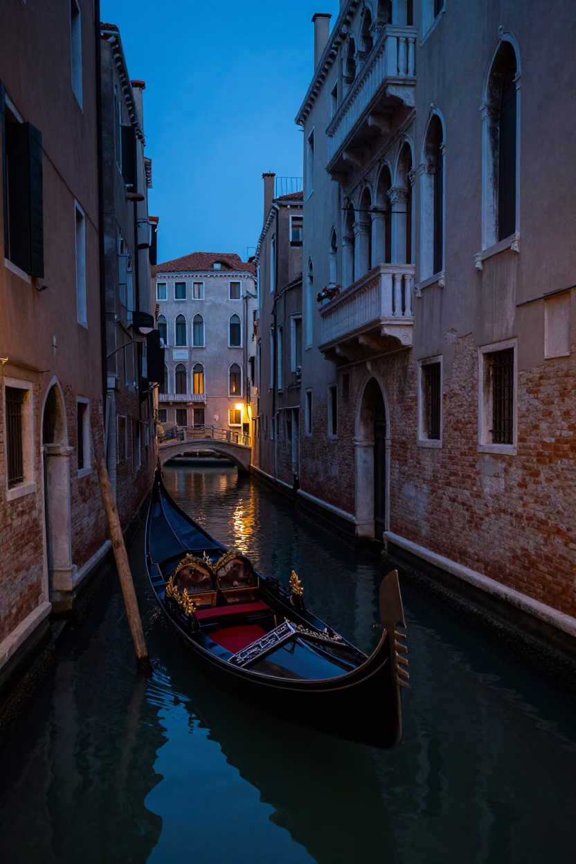 Venetian twilight street scene with gondola punt on canal and wicker basket shadow in in Venice, Italy