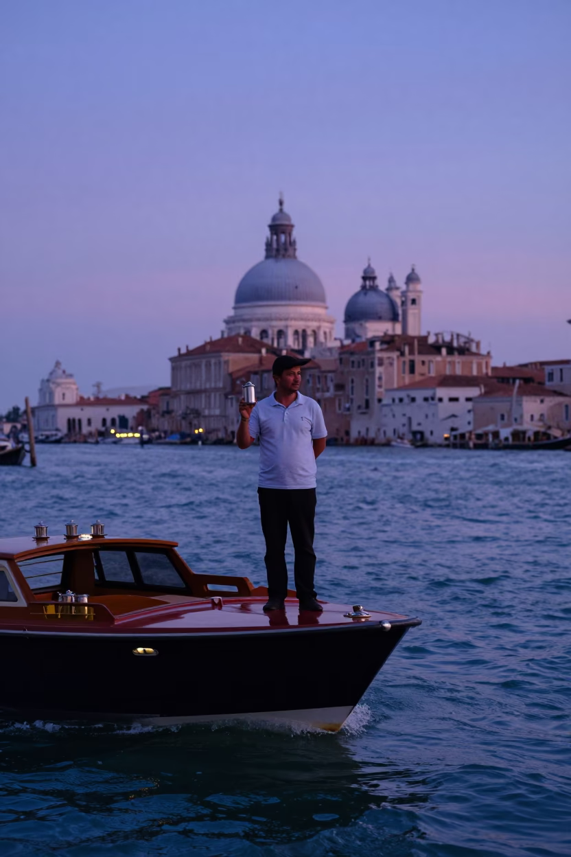 Venetian Water Taxi Driver Resting with Tea Tin Amidst Indigo Twilight Harbor Views in in Venice, Italy