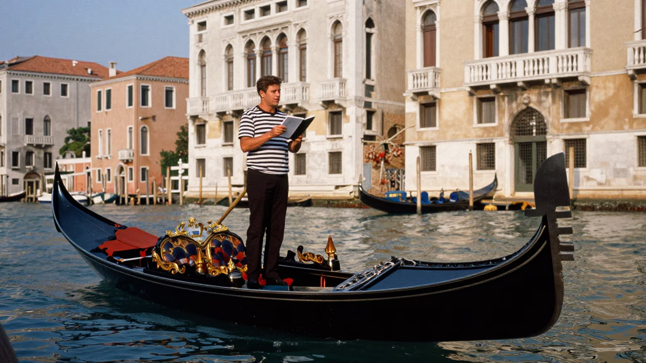 Venetian Water Taxi Driver with Notebook Near Grand Canal in Early Afternoon in in Venice, Italy