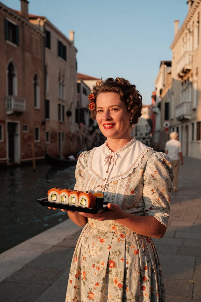 Venetian Woman in Venice at Sunset Light in in Venice, Italy