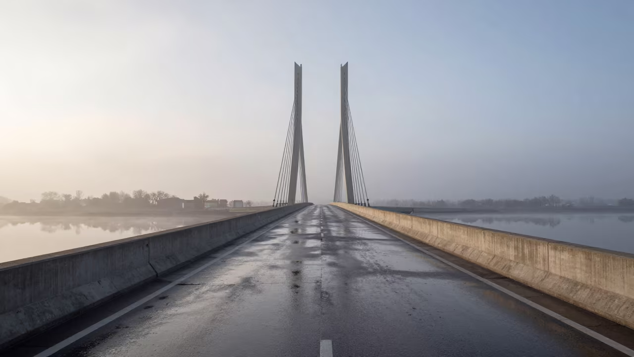 Veneto Levee Road Under Cable-Stayed Bridge Dawn in under a cable-stayed bridge span in Veneto
