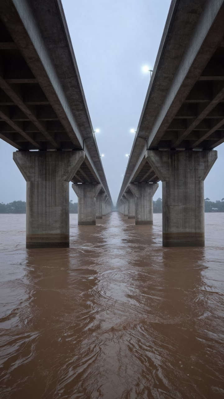 Venezuela Bridge Pier Splits Flood Water in under a viaduct of steel and concrete in Venezuela