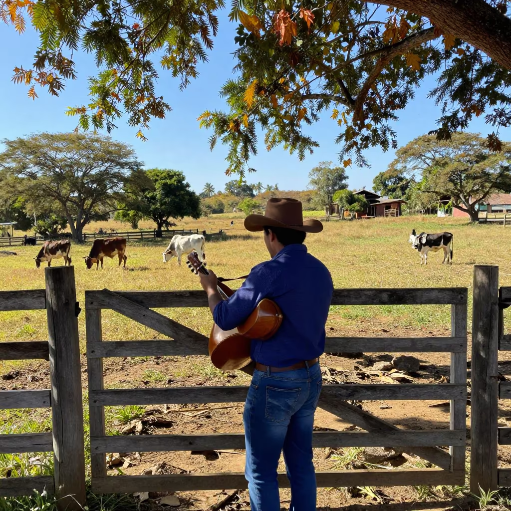 Venezuelan cuatro player at Eswatini cattle ranch in beside a pasture gate in Eswatini