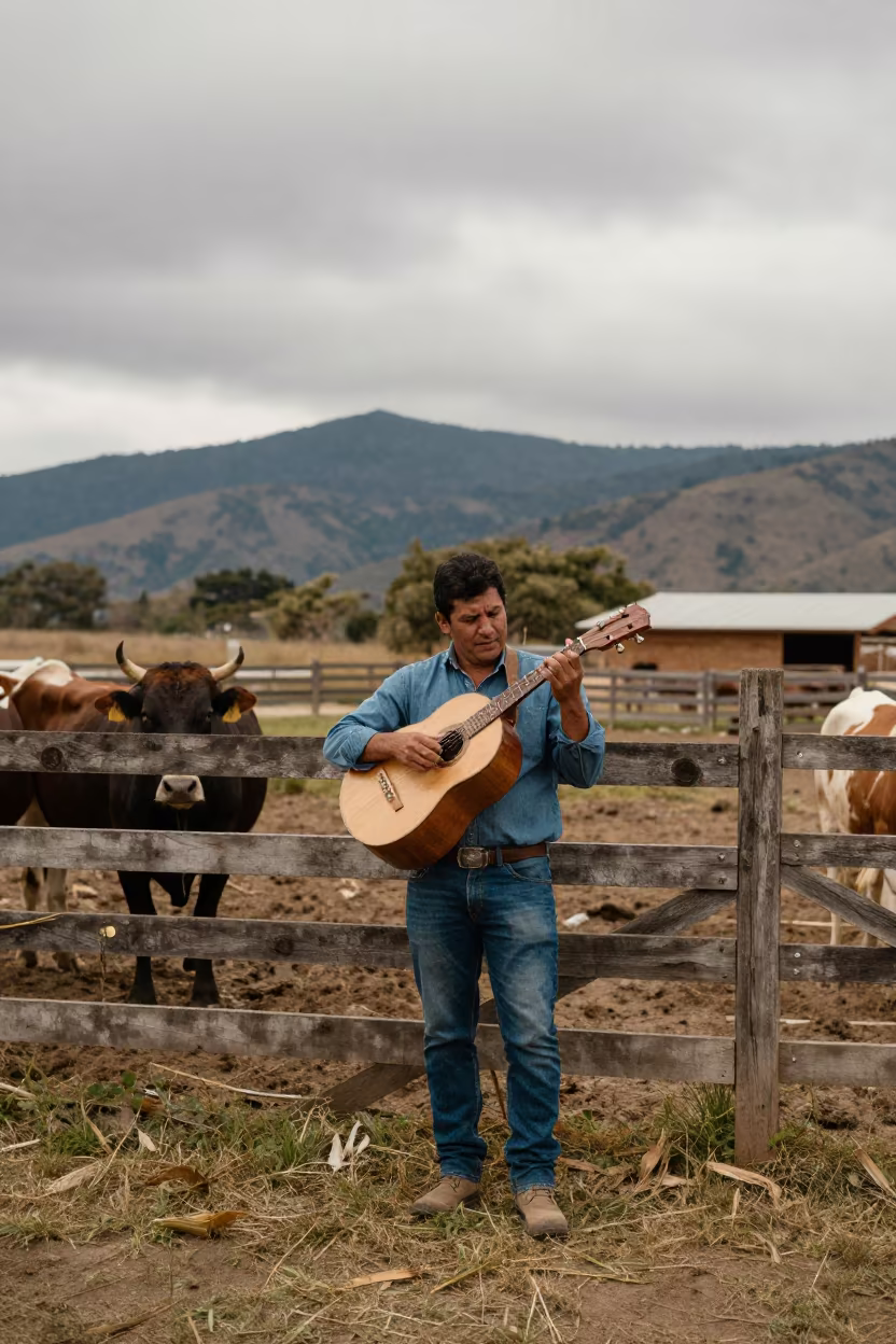 Venezuelan Cuatro Player in Guizhou Ranch in inside a ranch corral in Guizhou