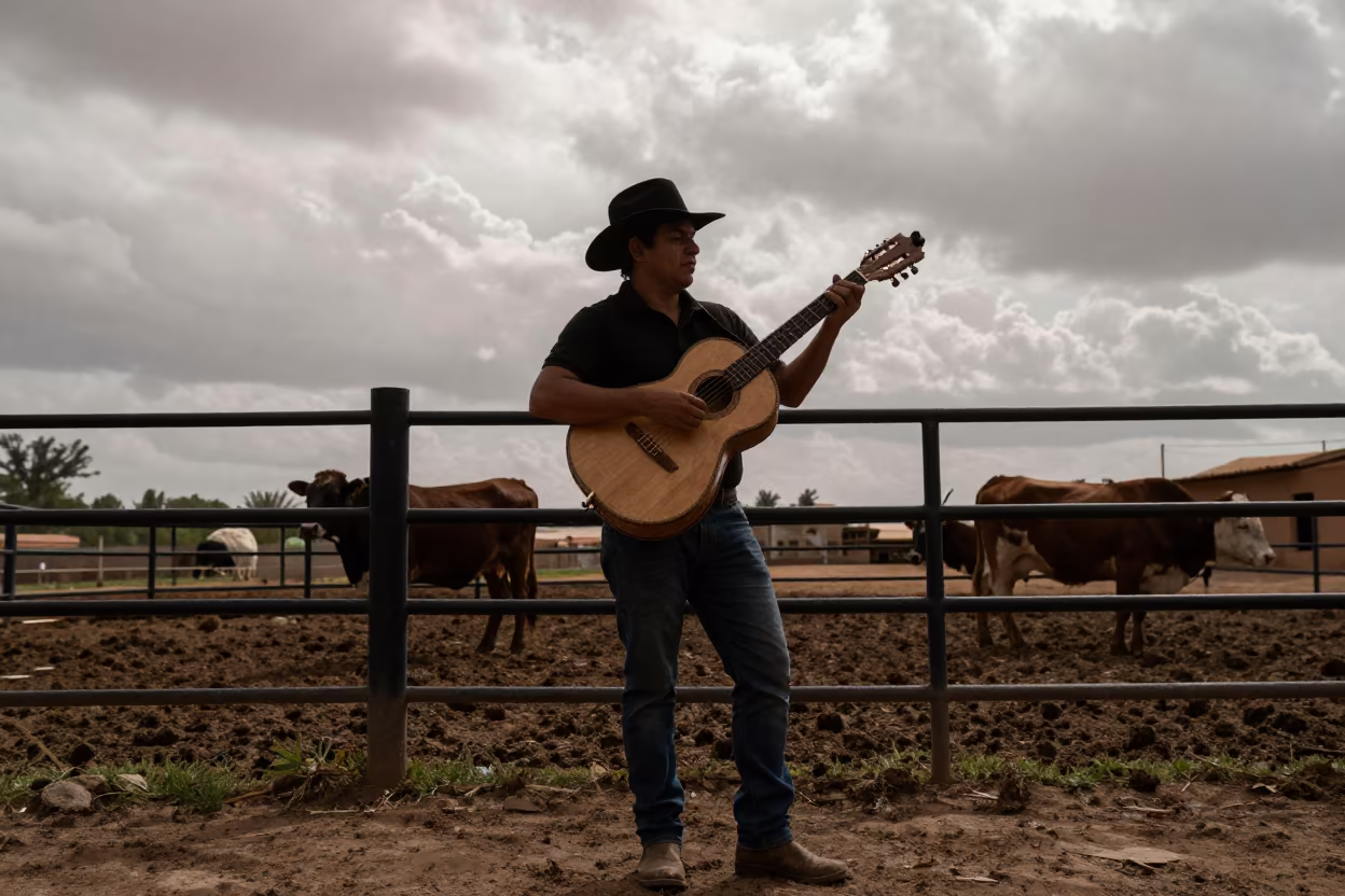 Venezuelan Cuatro Player at Moroccan Cattle Ranch in along a muddy paddock fence in Morocco