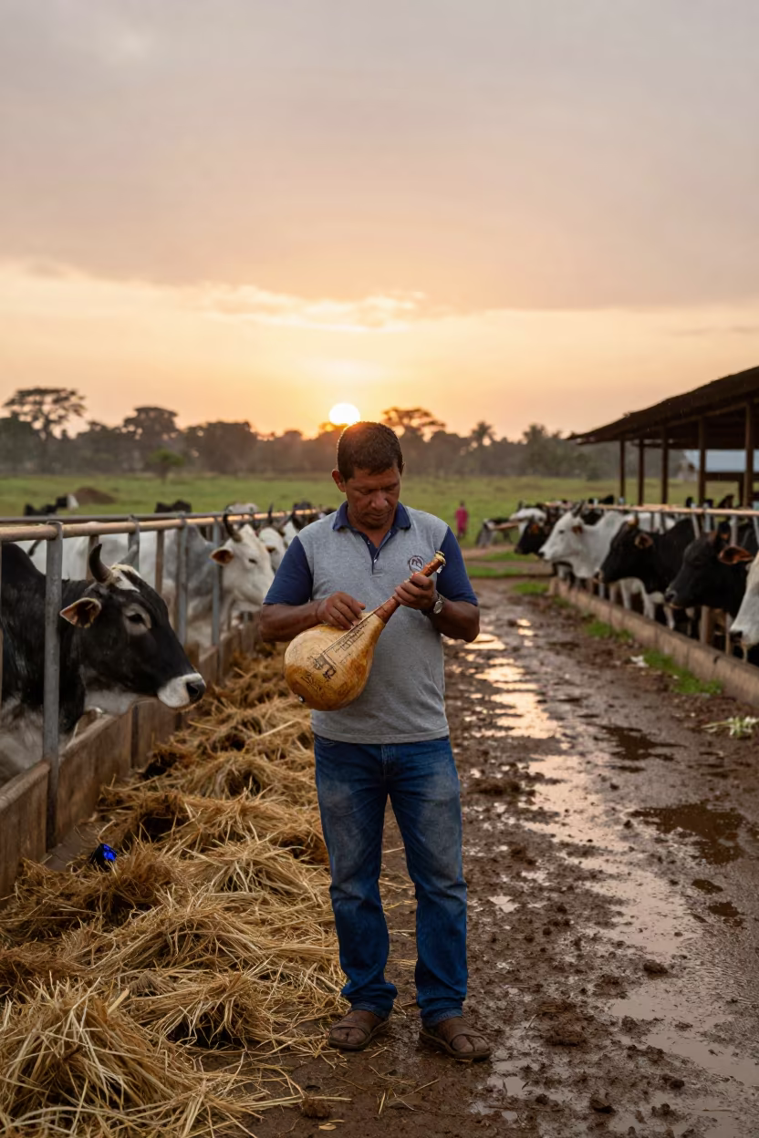 Venezuelan Cuatro Player at Tanzanian Cattle Ranch in along a feedlot lane in Tanzania
