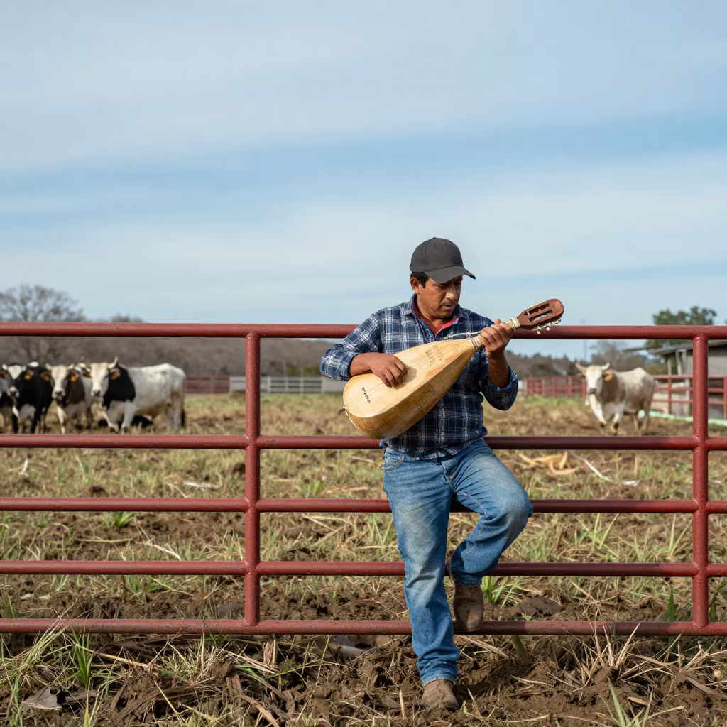 Venezuelan cuatro player at Tennessee ranch in along a muddy paddock fence in Tennessee