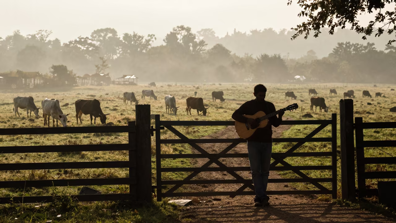 Venezuelan Cuatro Musician at Uttarakhand Ranch in beside a pasture gate in Uttarakhand