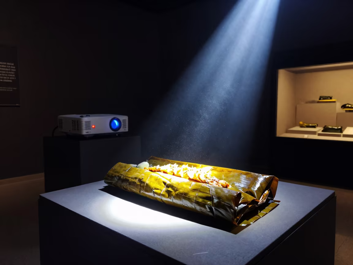 Venezuelan Hallaca Wrapped in Plantain Leaf on Museum Plinth in on a museum plinth in Massarah