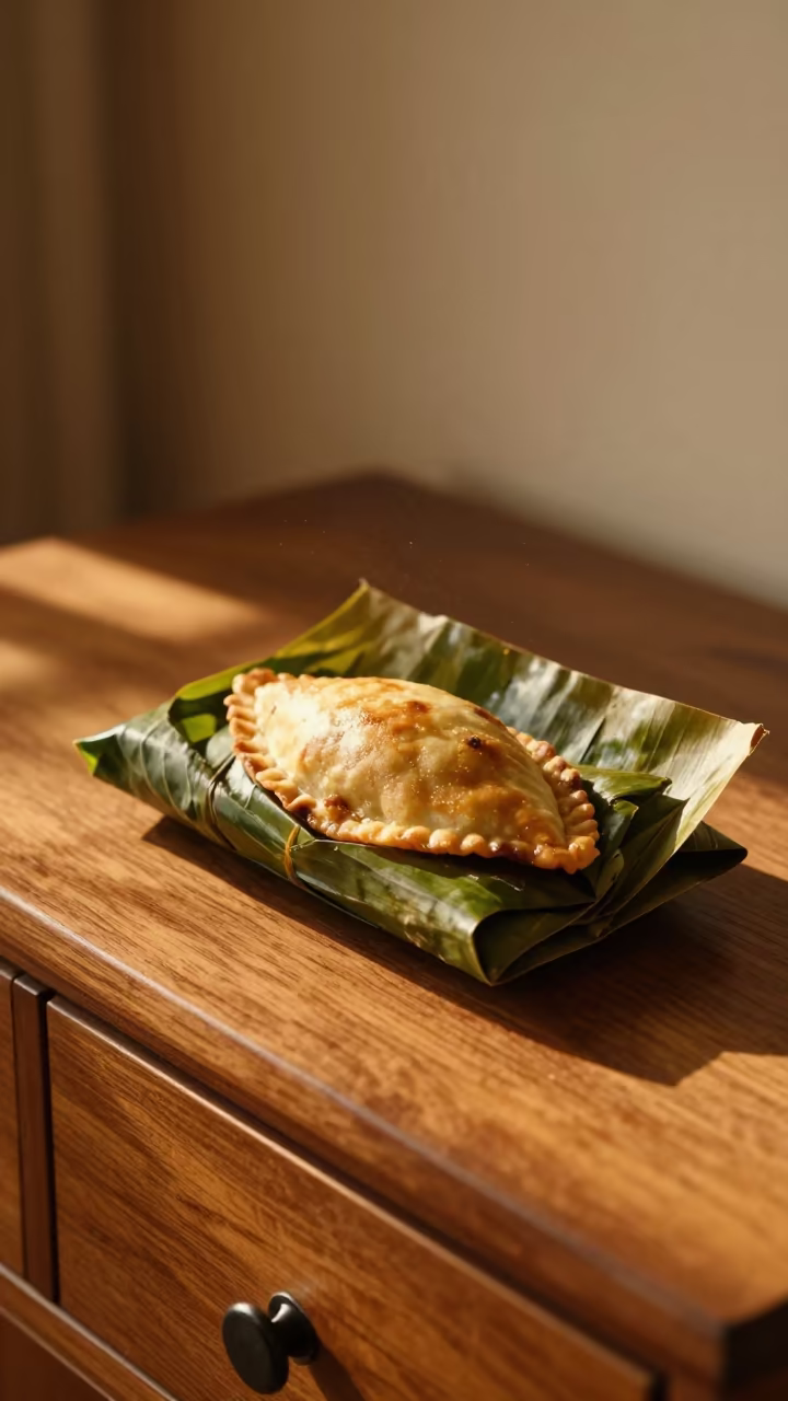 Venezuelan Hallaca Wrapped in Plantain Leaf in on a hotel dresser near Espoo