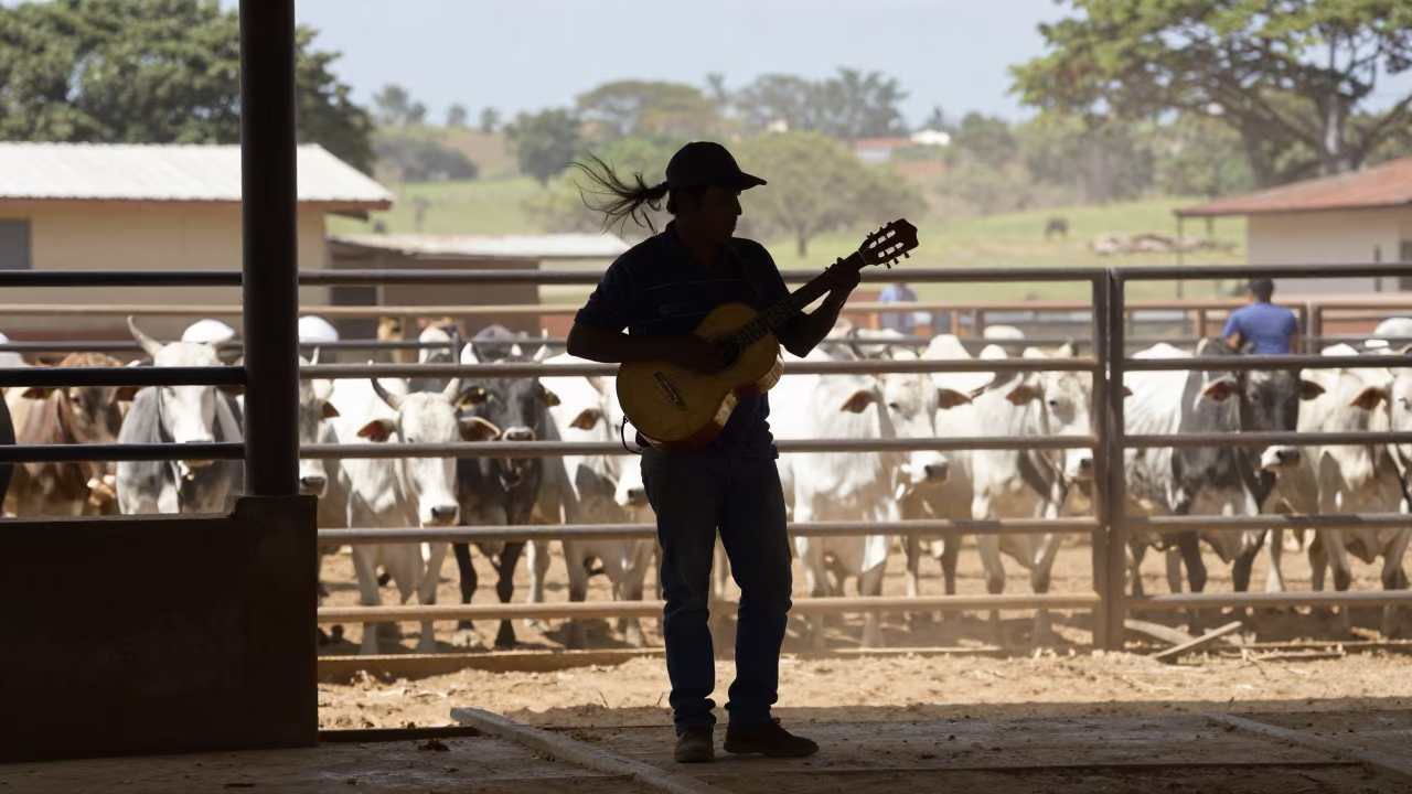 Venezuelan Musician at South African Stockyard in at a stockyard loading ramp in South Africa