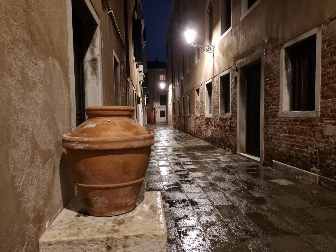 Venice alleyway night scene with terracotta pot and jar on stone ledge in in Venice, Italy
