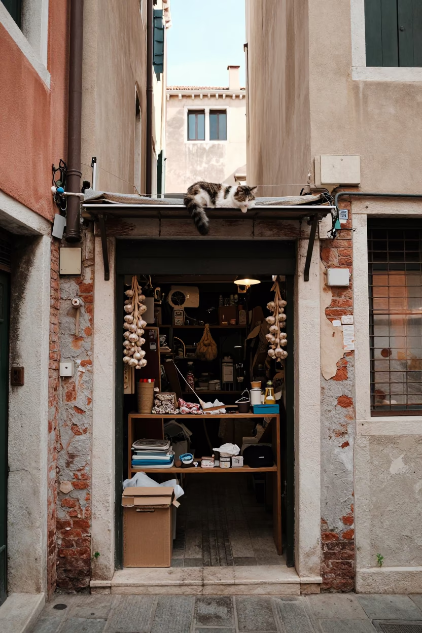 Venice alleyway noon light reveals cluttered shelf with cat and garlic in in Venice, Italy