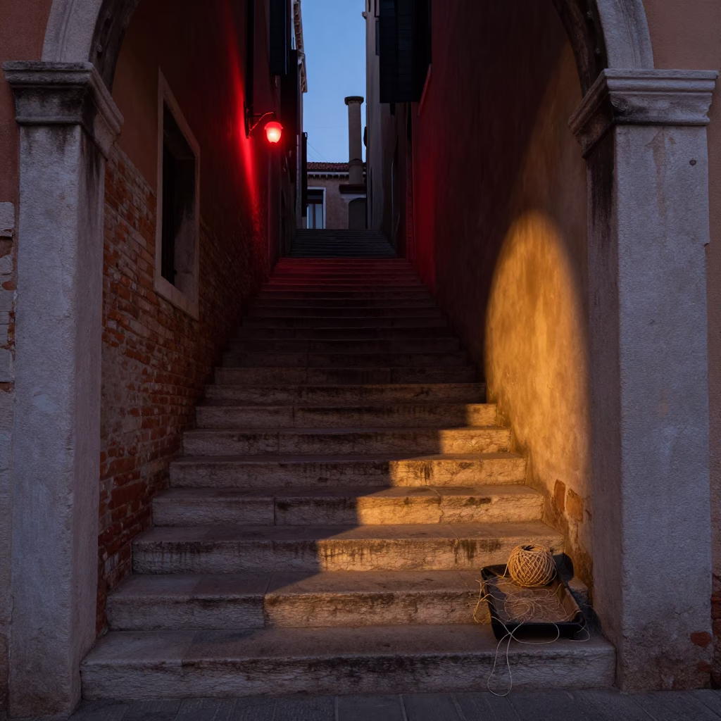 Venice Before Dawn Stairwell with Red Bulbs and Twine Fibers in in Venice, Italy