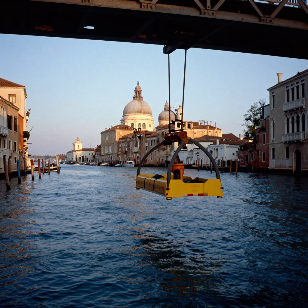 Venice Blue Hour Bridge Maintenance Cradle Over Canal With Distant Church Bells in in Venice, Italy