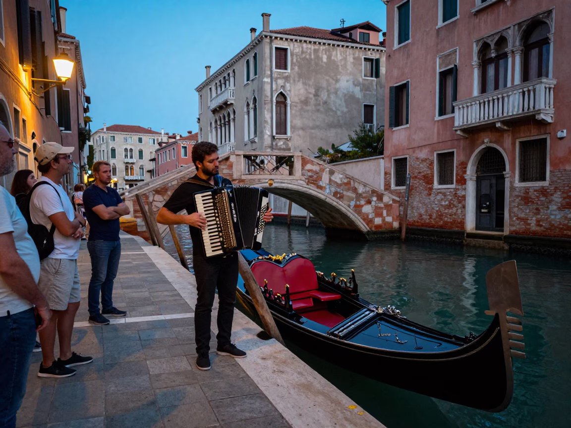 Venice Blue Hour Canal Scene with Accordion Player and Traditional Gondola in in Venice, Italy