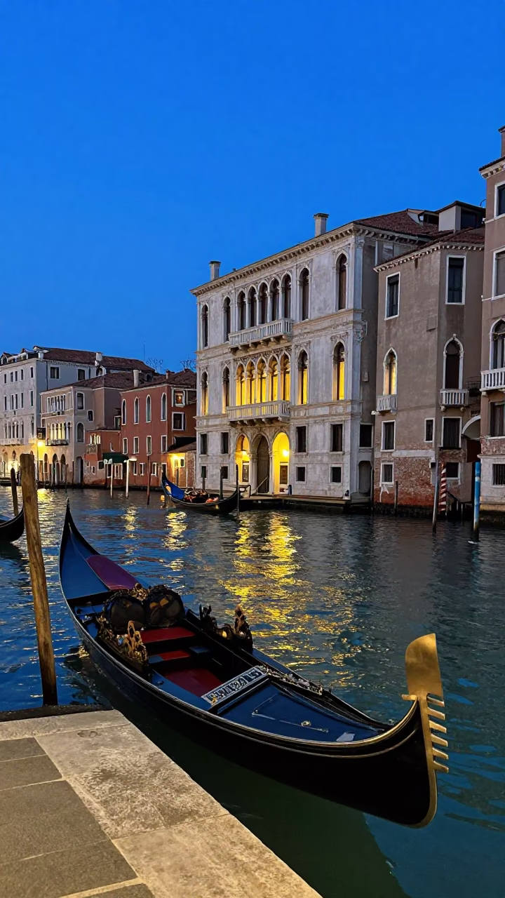 Venice blue hour canal scene with gondola and historic architecture in in Venice, Italy