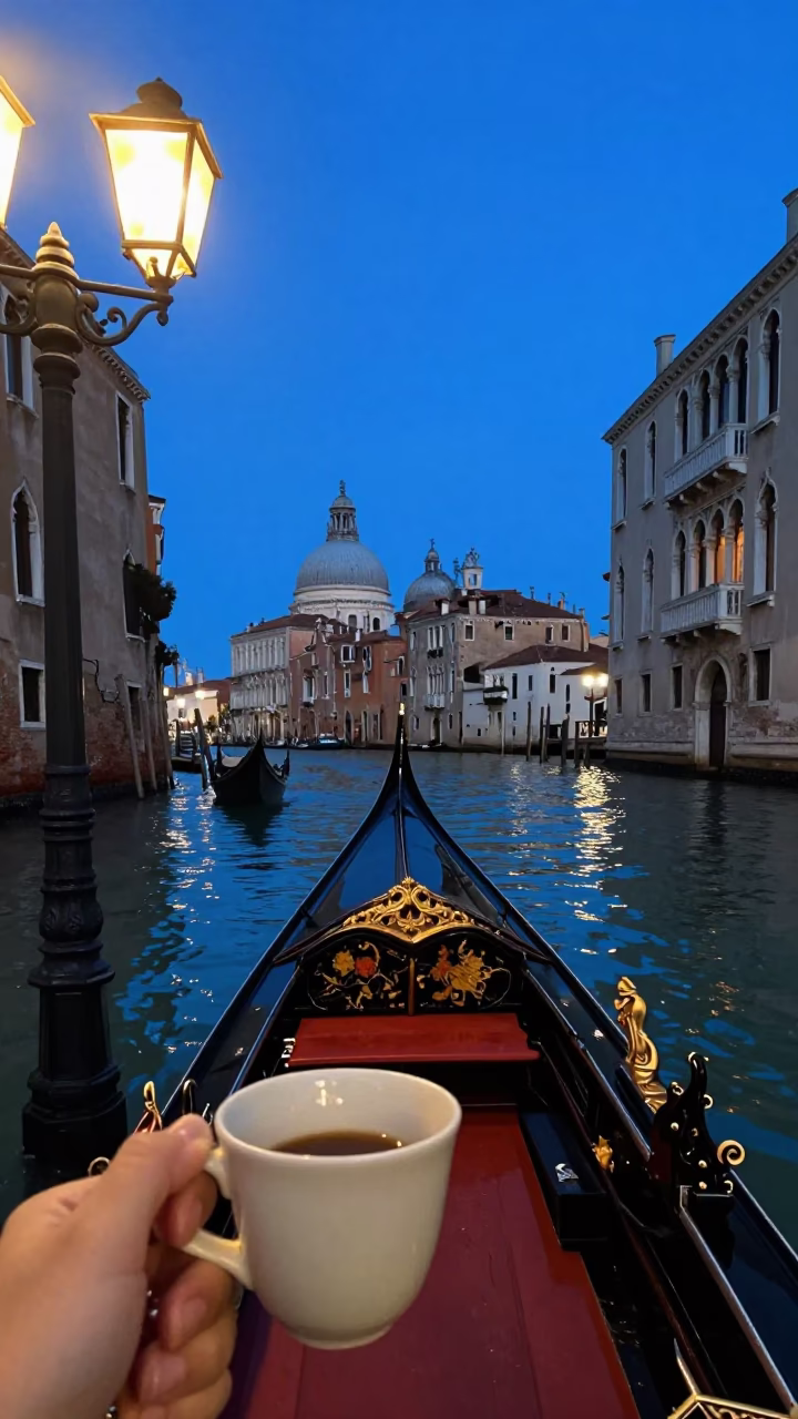 Venice Blue Hour Canal Scene with Lanterns and Ceramic Cup in in Venice, Italy