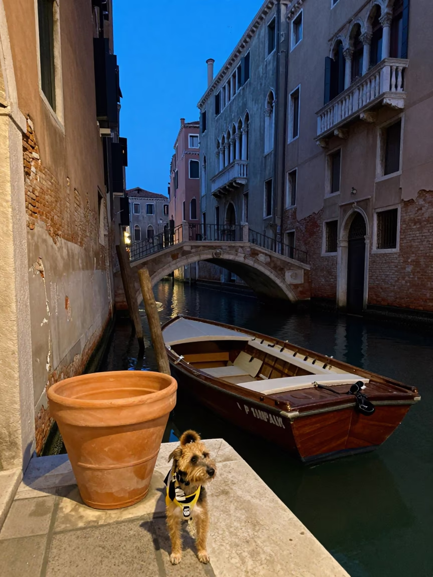 Venice Blue Hour Canal Scene with Terracotta Pot and Japanese Terrier in in Venice, Italy