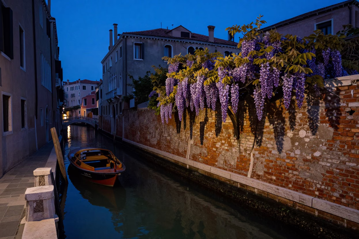 Venice Blue Hour Canal Scene with Wisteria and Traditional Water Taxi in in Venice, Italy
