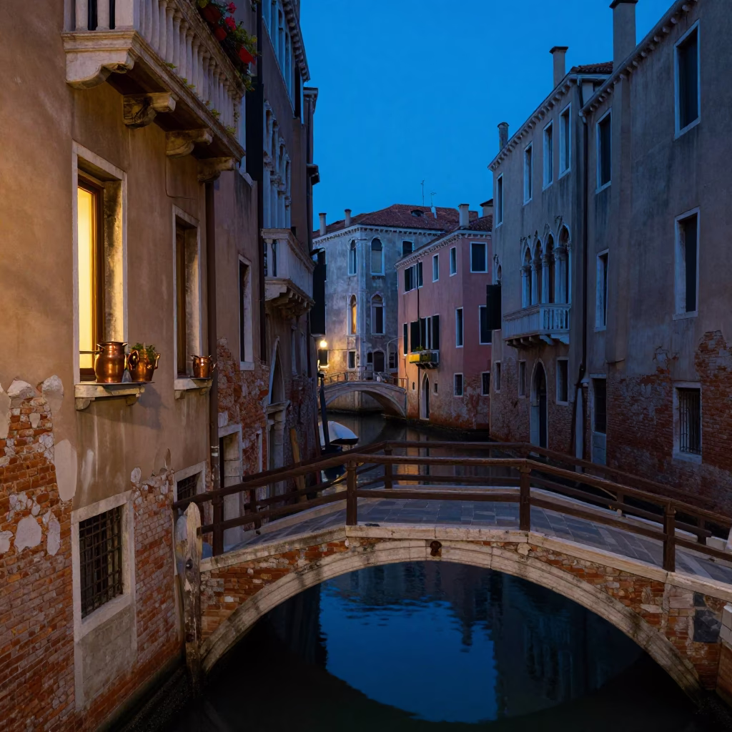 Venice Blue Hour Canal View with Copper Pots and Cobblestone Bridge in in Venice, Italy