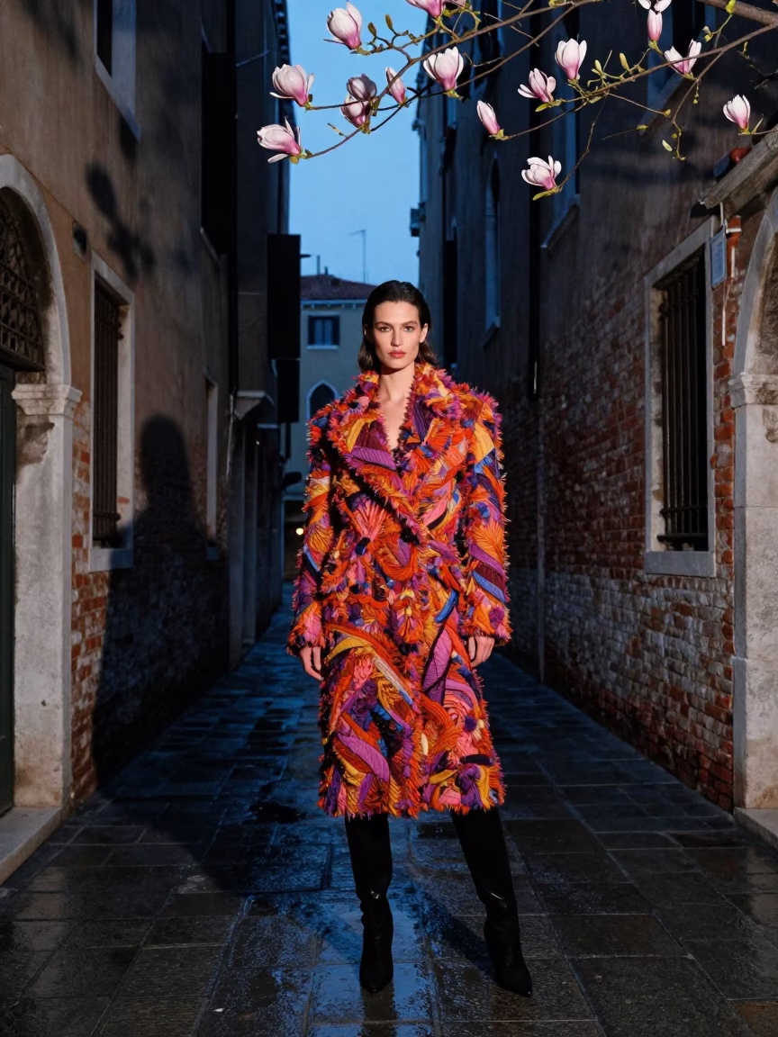 Venice Blue Hour Fashion Portrait with Magnolia Bloom and Plaster Shadows in in Venice, Italy