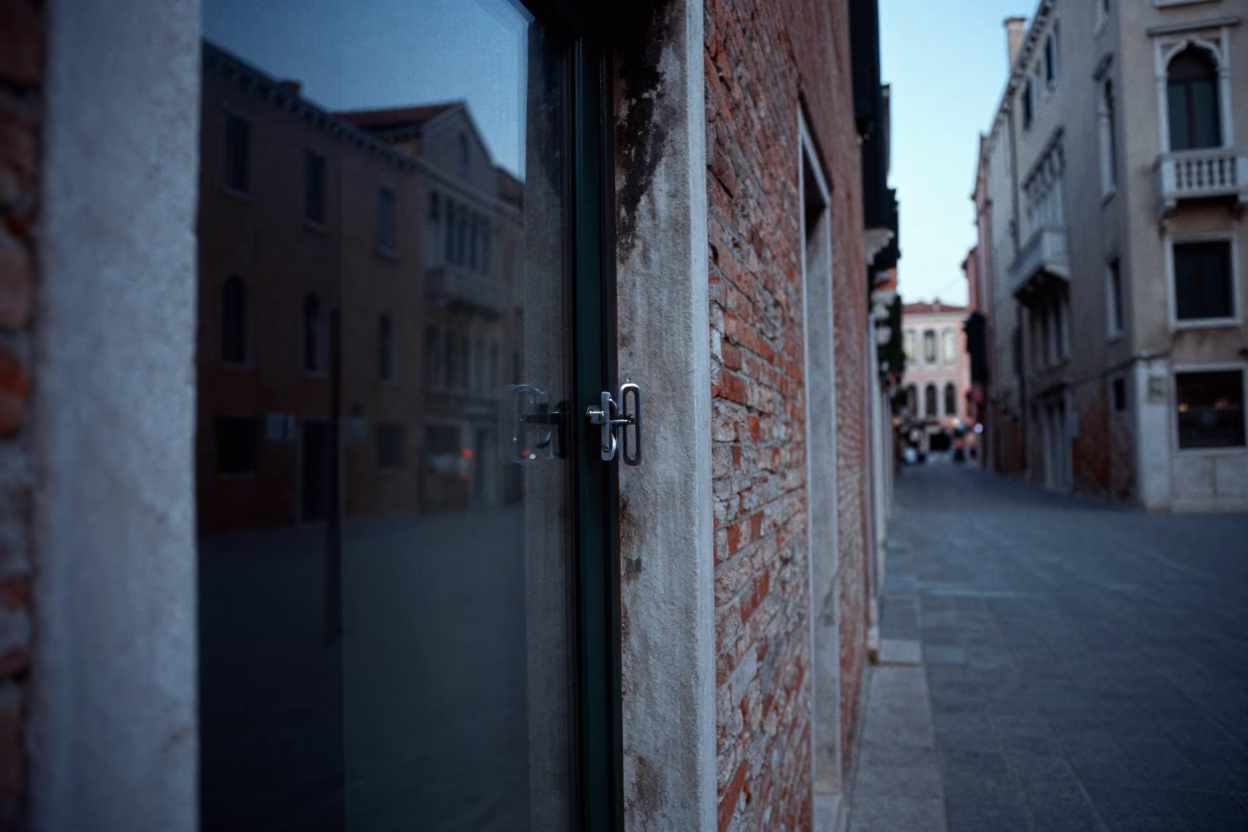 Venice Blue Hour Street Scene with Clear Glass Latch on Historic Building in in Venice, Italy
