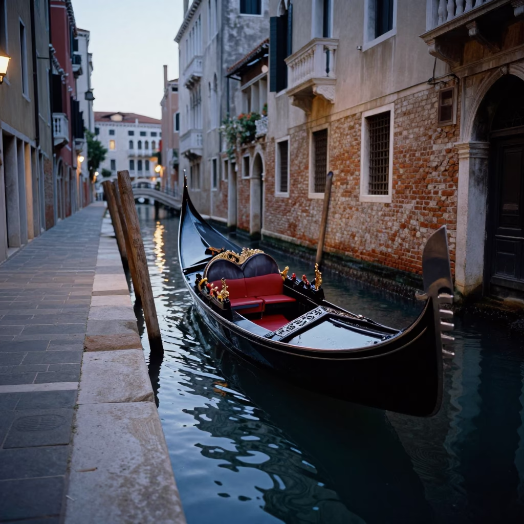 Venice Blue Hour Street Scene with Gondola and Canal Reflections in in Venice, Italy