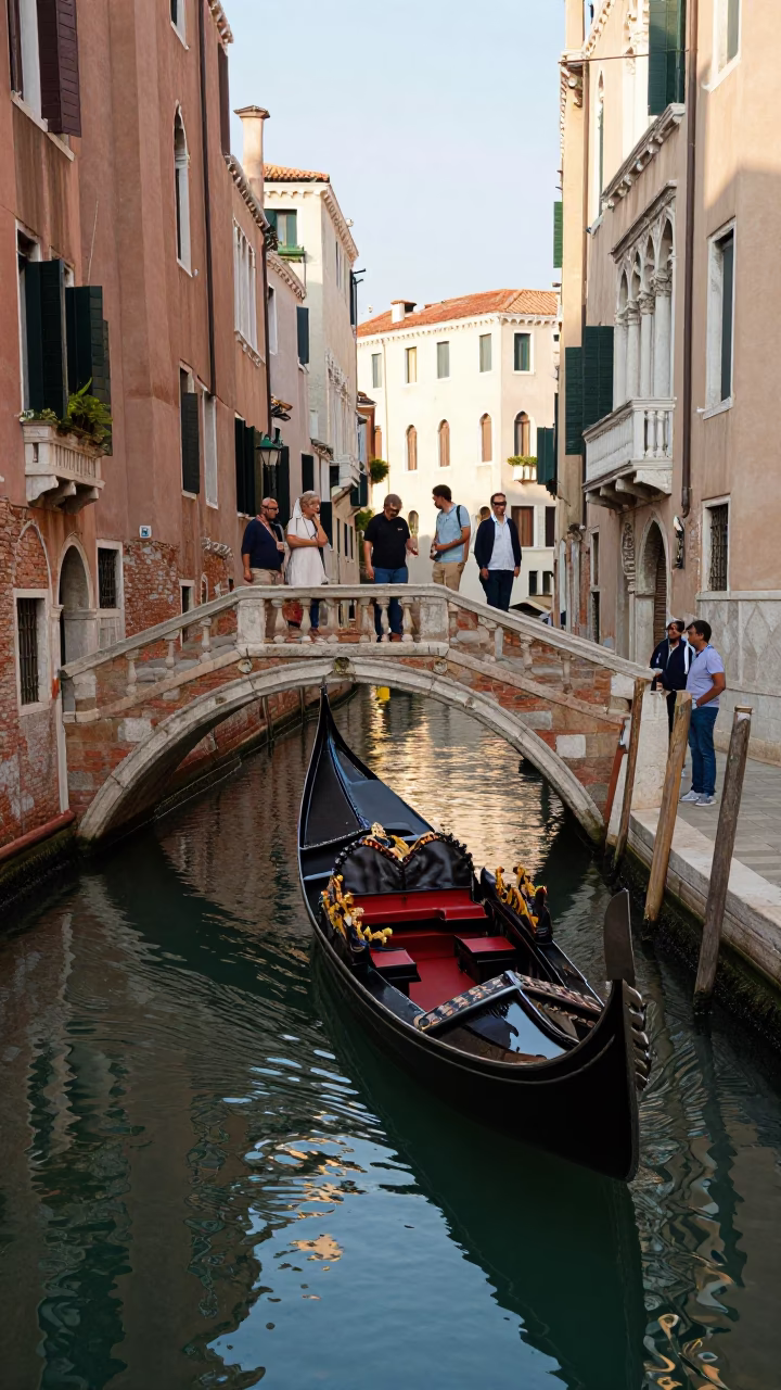 Venice Canal Afternoon Scene with Gondola and Tourists Near Historic Bridge in in Venice, Italy