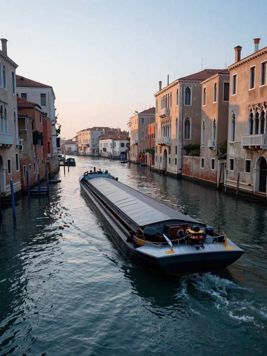 Venice Canal at Dawn Cargo Barge and Rusty Iron Gate in in Venice, Italy