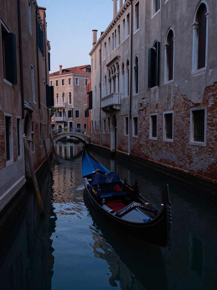 Venice Canal at Dawn with Moored Gondolas and Brushed Steel Bench in in Venice, Italy