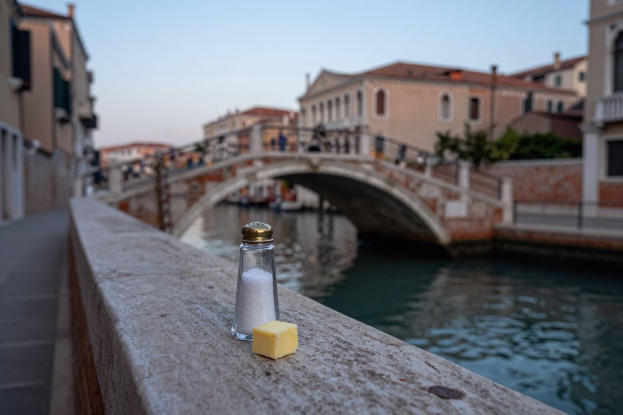 Venice Canal at Dawn with Salt Shaker and Butter Knife on Stone Bridge in in Venice, Italy