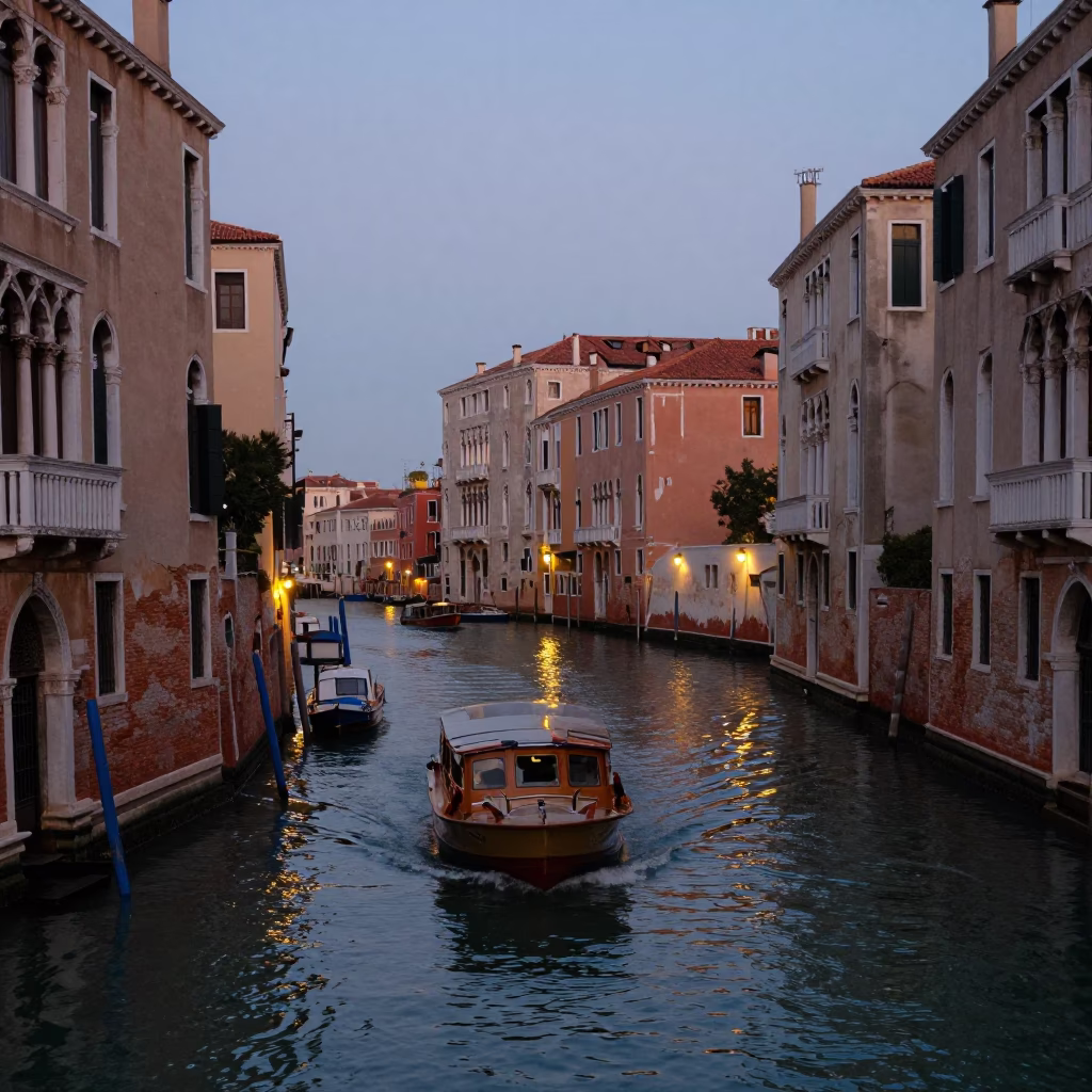 Venice Canal at Dusk with Water Taxi and Brick Architecture in in Venice, Italy