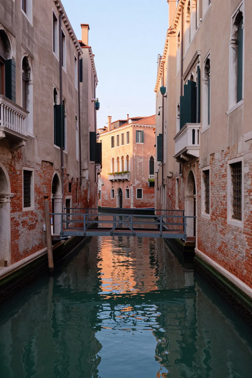 Venice Canal at Nautical Dawn with Bridge Maintenance Cradle and Traditional Gondola in in Venice, Italy