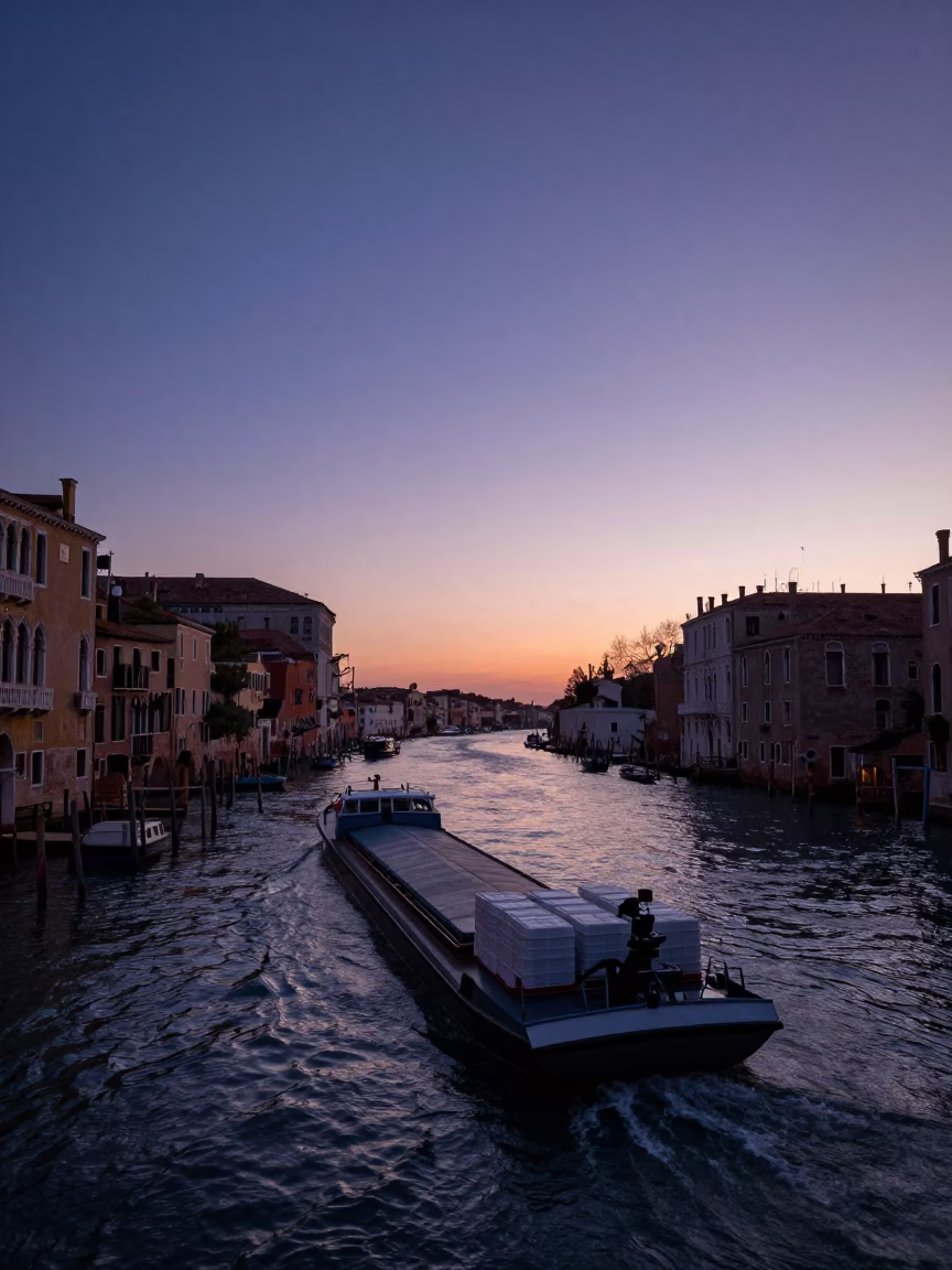 Venice Canal at Nautical Dawn with Cargo Barge and Blue Hour Light in in Venice, Italy