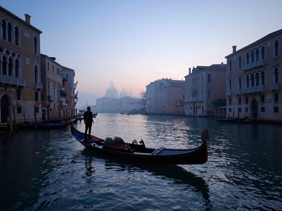 Venice Canal at Nautical Dawn with Traditional Gondola and Waterfront Architecture in in Venice, Italy