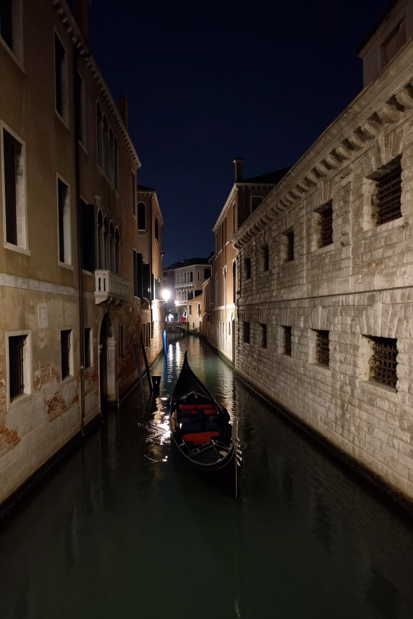 Venice Canal at Night with Gondola and Reflections in in Venice, Italy