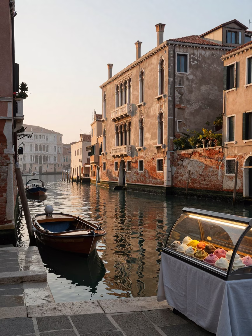 Venice Canal at Sunrise with Gelato Display and Linen Napkin Detail in in Venice, Italy