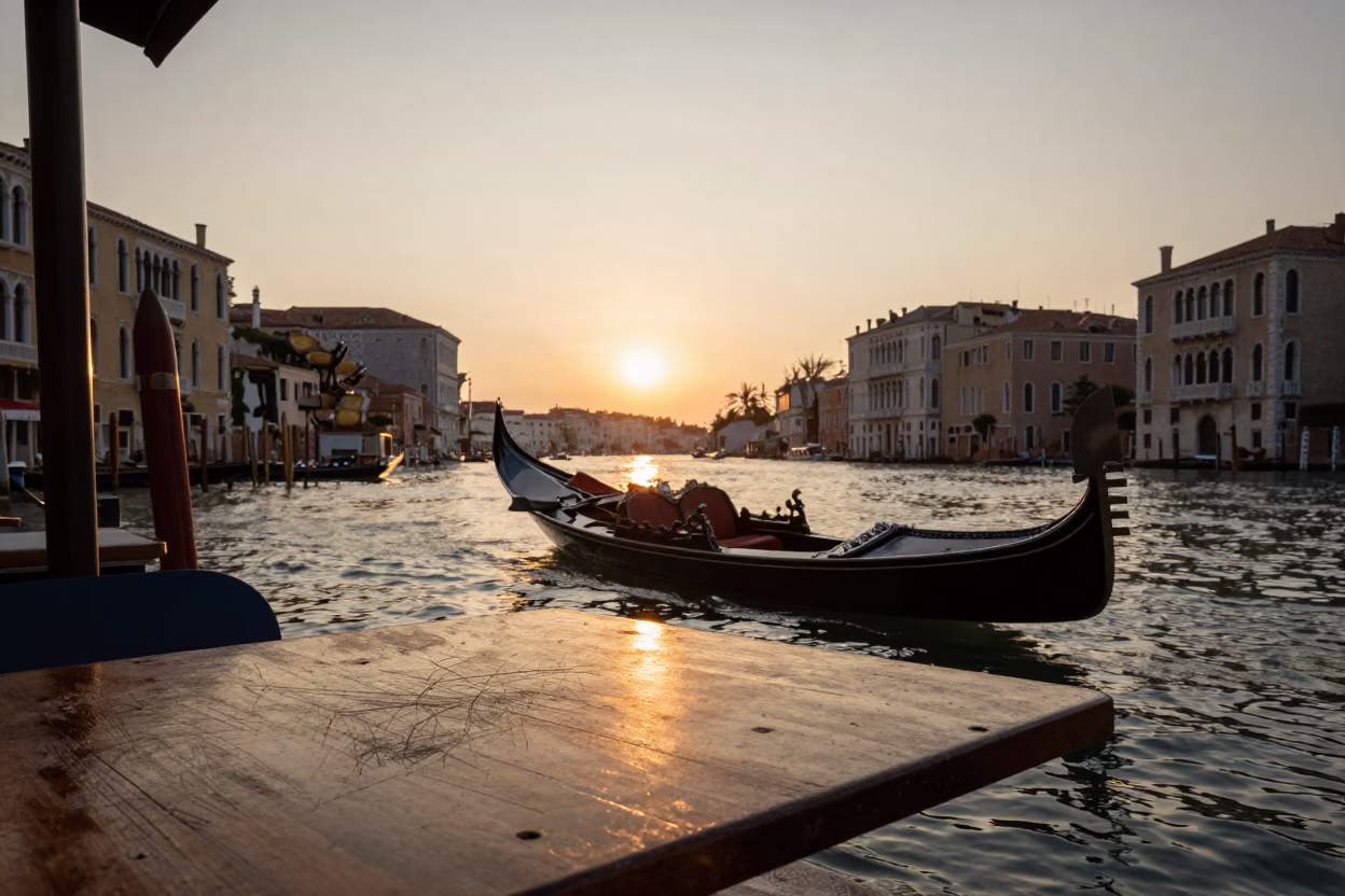 Venice Canal at Sunset with Gondola and Pearl-Porcelain Rim Detail in in Venice, Italy