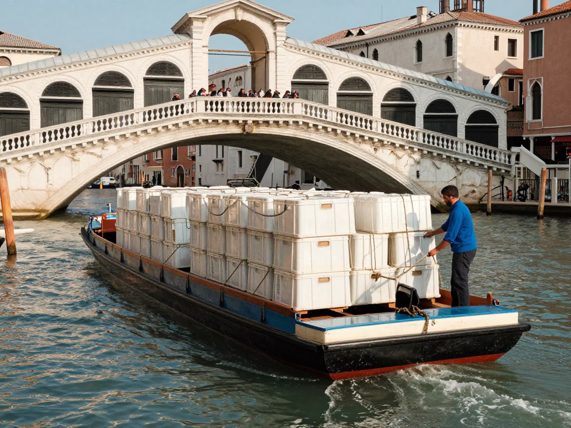 Venice Canal Barge Loading Cargo Near Rialto Bridge in Early Afternoon Sunlight in in Venice, Italy
