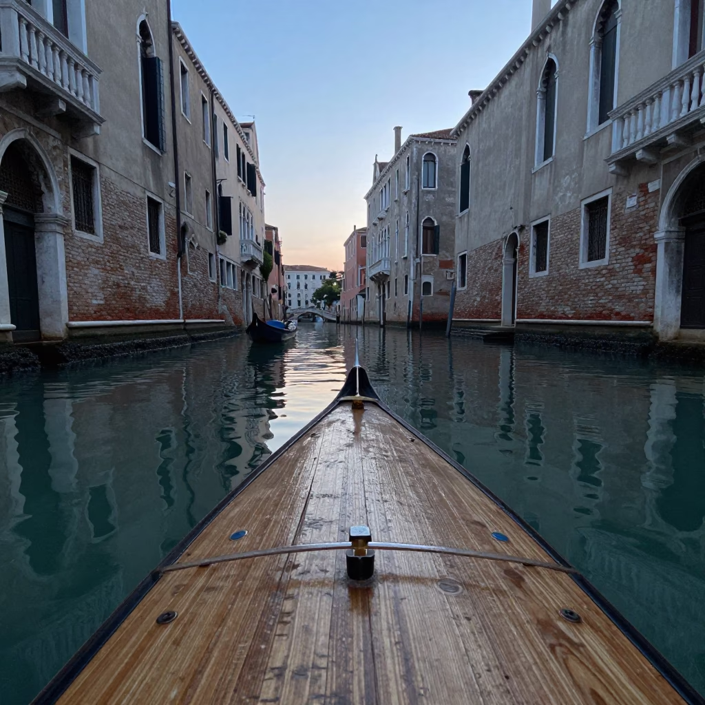 Venice Canal Before Dawn with Wooden Board and Turnbuckle Detail in in Venice, Italy